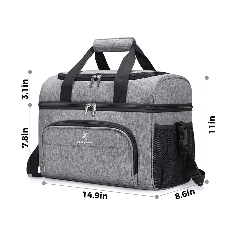 Collapsible Cooler Bag 32-Can Insulated Leakproof Soft Cooler Portable Double Decker Cooler Tote for Trip Picnic Sports Flight Grey