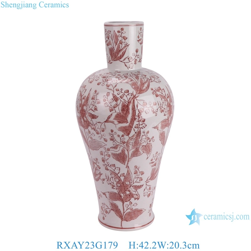 Modern Style Red Long Neck Leaf Pattern Chinese Blue and White Ceramic Flower in Vase