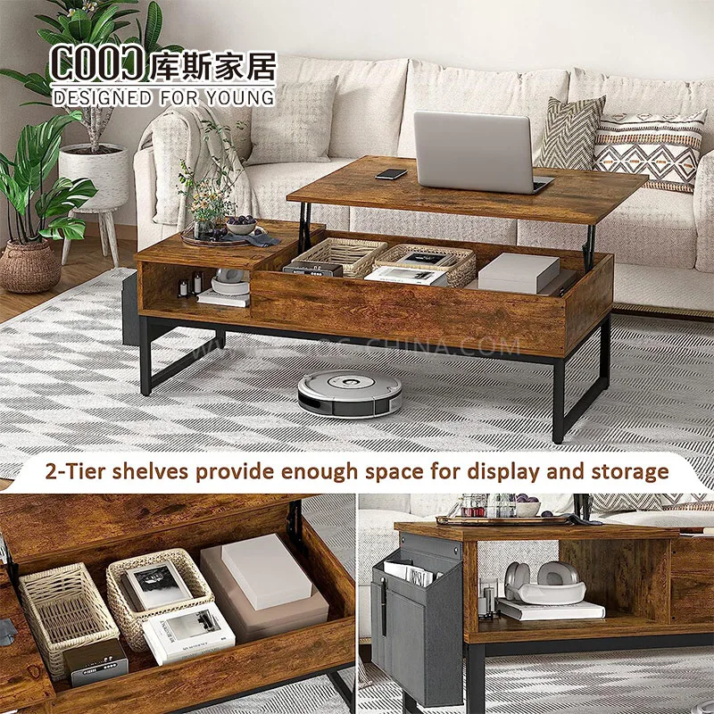 Customized Wooden Height Lifting Top Adjustable Tea Coffee Table with Storage for Living Room Furniture