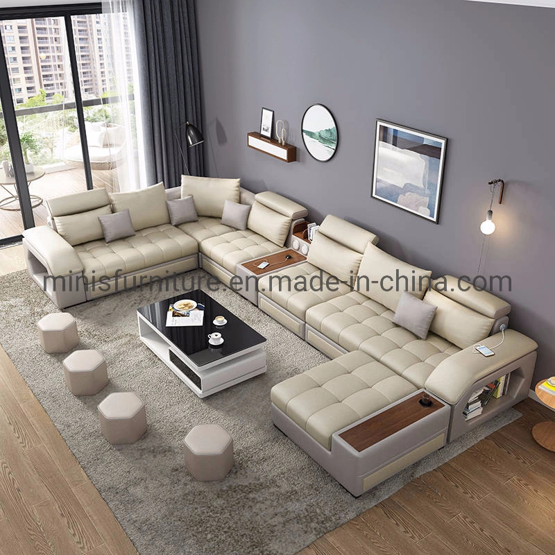 (MN-SF84) Chinese Foshan Modern Home Living Room Furniture Black Leather U Shape Sofa