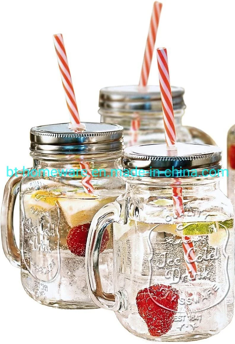 Wholesale/Supplier 16oz Mason Jar Jug with Handle and Straw Old Fashioned Drinking Mug Jar for Jam Jelly Honey Juice Beer Water Daily Use