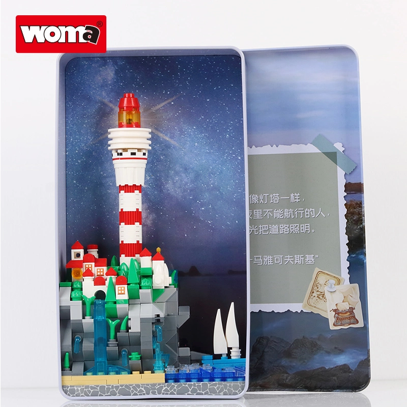 WOMA Toys 2022 Amazon la plus chaude des ventes Metal Box Lighthouse petit Briques de bloc de bâtiment Noël cadeau Crystal Construction jouet bricolage Vente en gros Jouet