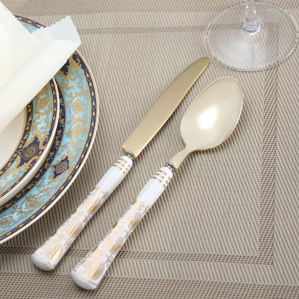 Round Porcelain Handle Flatware Set, Personalized Cutlery Set