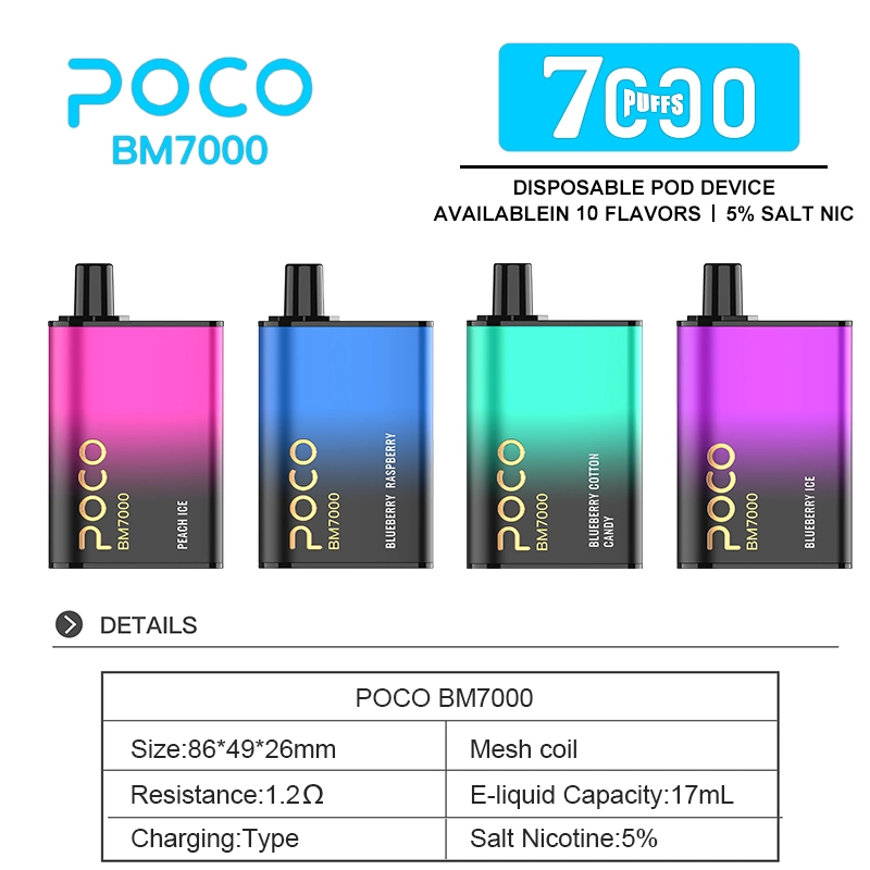 2023 Popular Saling Poco 7000puffs Disposable/Chargeable Mesh Coil Ecig 17ml E-Juice Vape Pen with Wholesale/Supplier Price