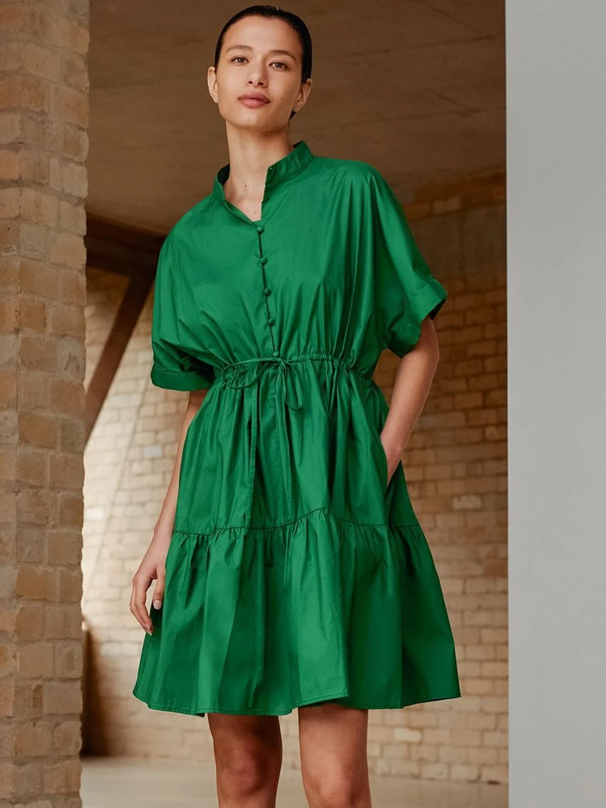 Women Standing Collar Short Sleeved Green A Line Dress Button Down Shirt Dresses for Women