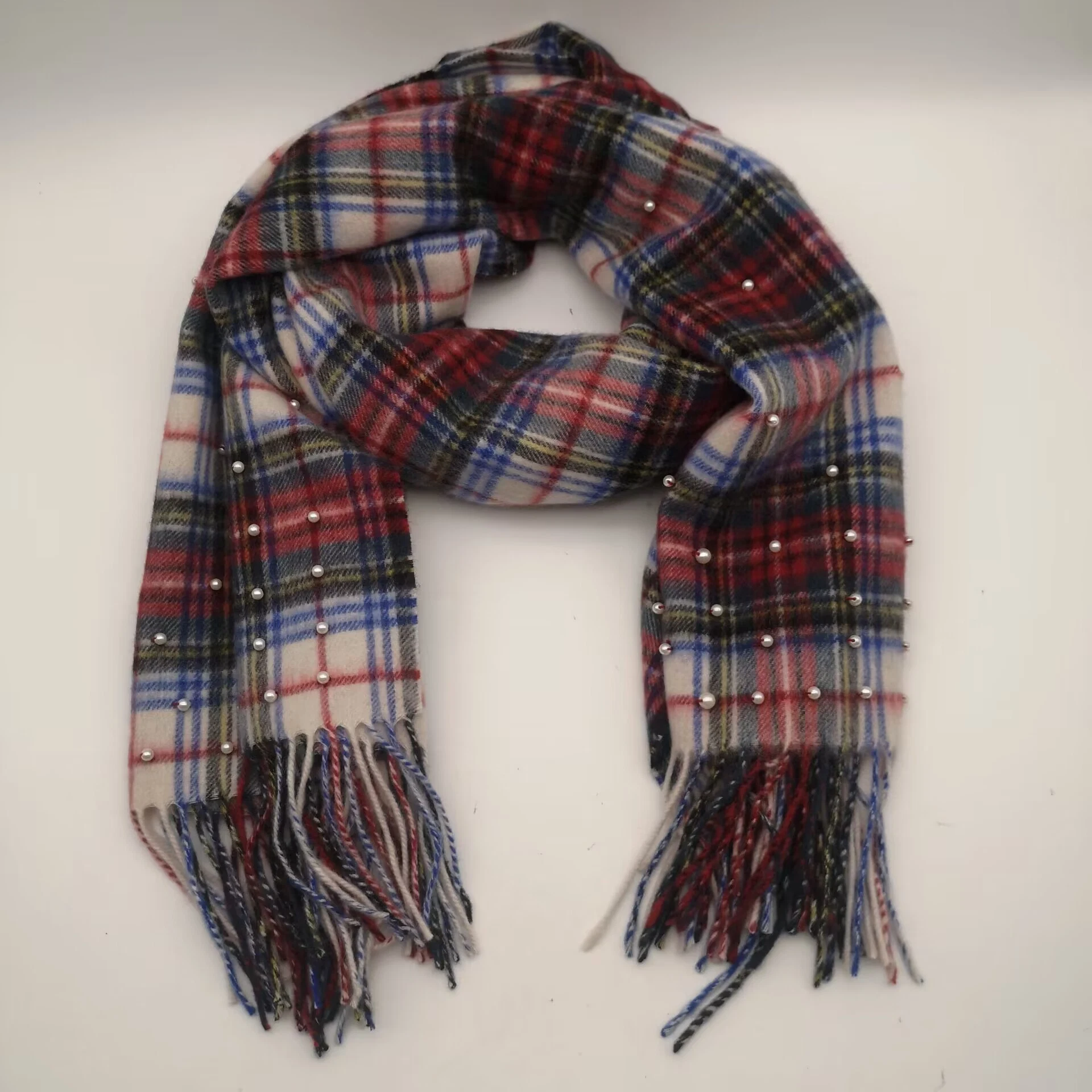 Women's Fashion Red Checked Winter Warm Beads Decorate Woven Scarf