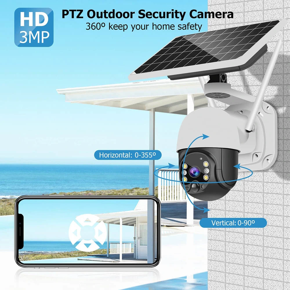 كاميرا WiFi بدقة 2 ميجابكسل رؤية ليلية بدقة 1080p وصوت ثنائي الاتجاه خارجي PTZ كاميرا CCTV لاسلكية مع لوحة شمسية