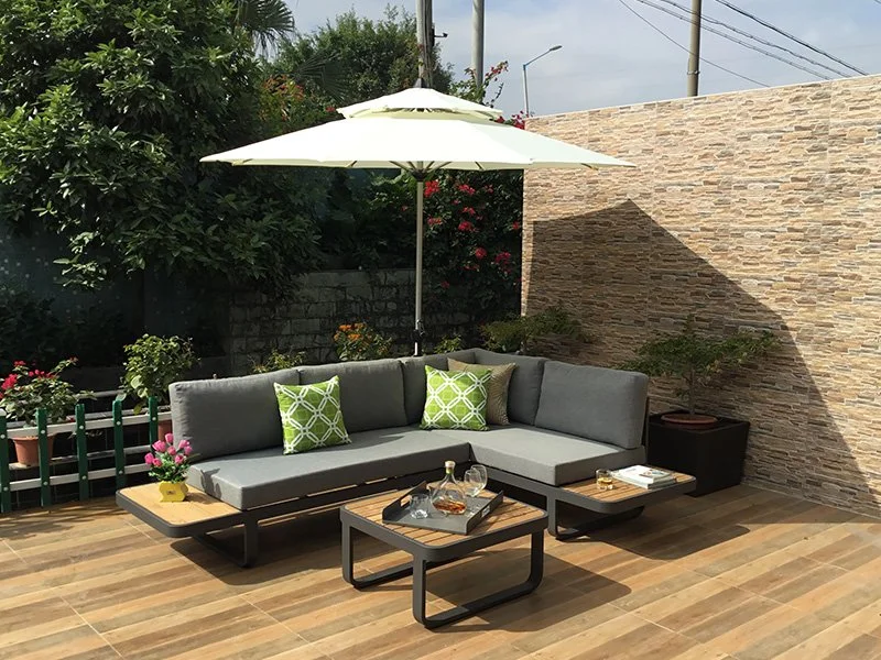 Muebles de jardín de diseño moderno al por mayor para exteriores, patio de madera de teca y sofá de aluminio