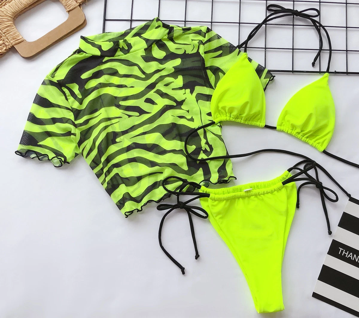 Damen Sexy Leopard/Zebra Gedruckt Drei-Teile Halb Ärmel Hot Bikini-Set Esg11553