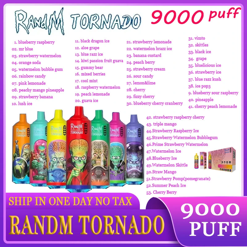 Original Randm Tornado 9000 Puff Disposable E Cigarettes Desechable Vape 0.8ohm Mesh Coil 18ml Pod Battery Rechargeable Electronic CIGS Puffs 9000 9K 0% 2% 3%