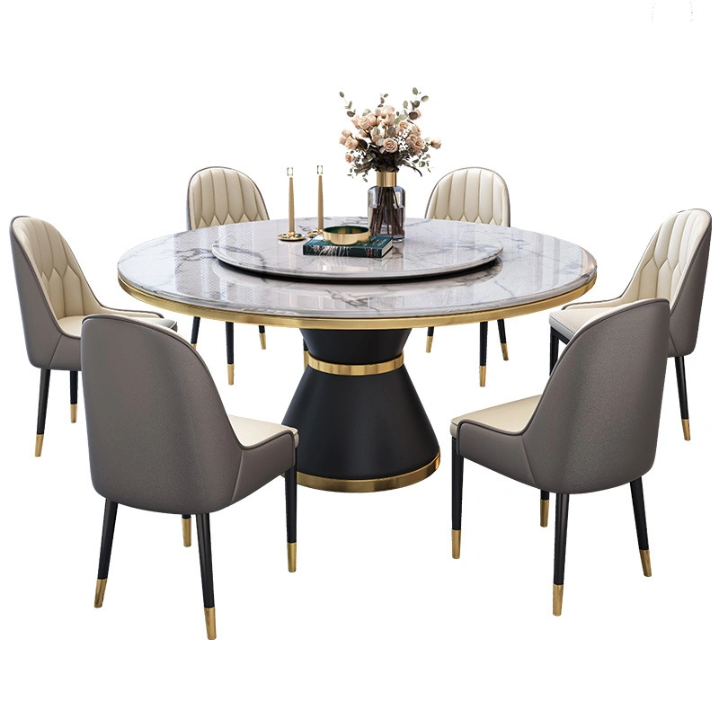 Luz mesa de jantar de luxo em mármore e cadeira Combinação Mesa Giratória minimalista moderno, mesa de jantar