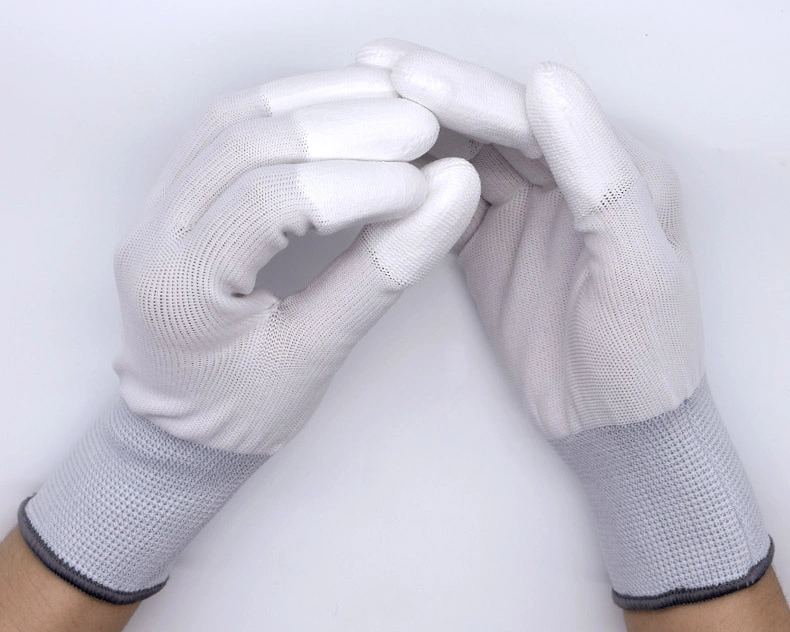 White Nylon Labor Protection Non-Slip PU Finger Top Coated Gloves