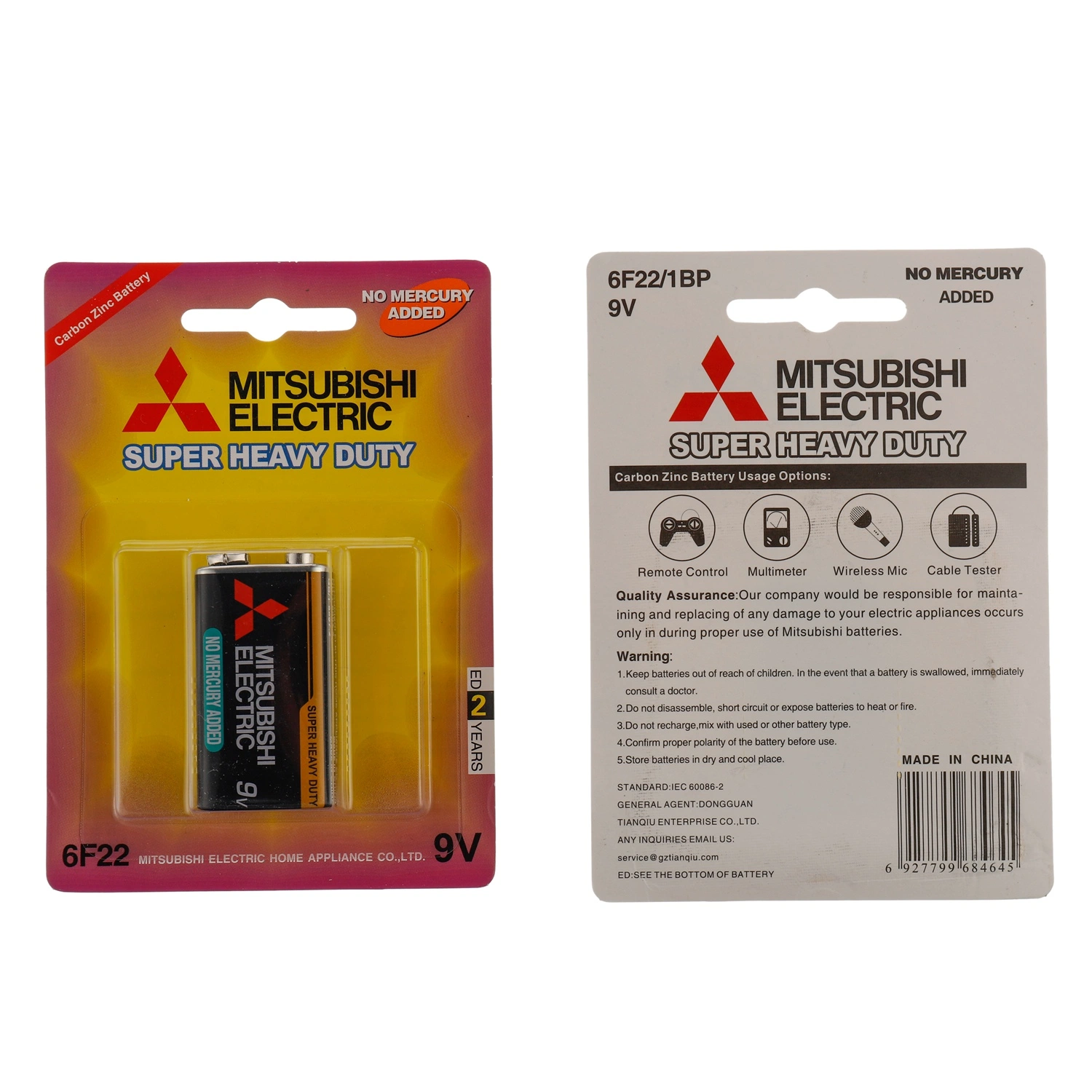 Mitsubishi 9V Dry Battery 6f22 Carbon Zink-Zelle Fernbedienung Spielzeug Großhandel