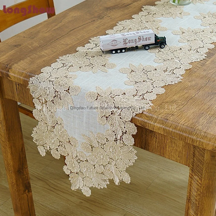 Wholesale/Supplier Customized White Polyester Lace Fabric Table Runner for Wedding, Party, Banquet Decor