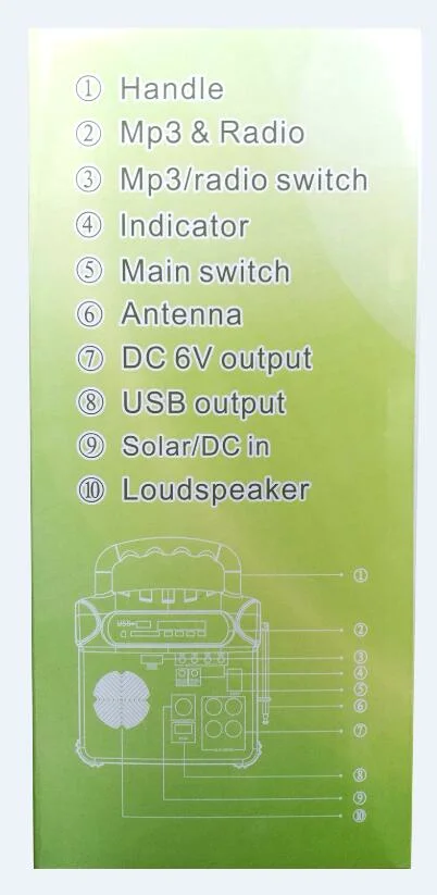 DC portátil 10W Sistema de Energía Solar Generador con la radio y MP3 y carga USB