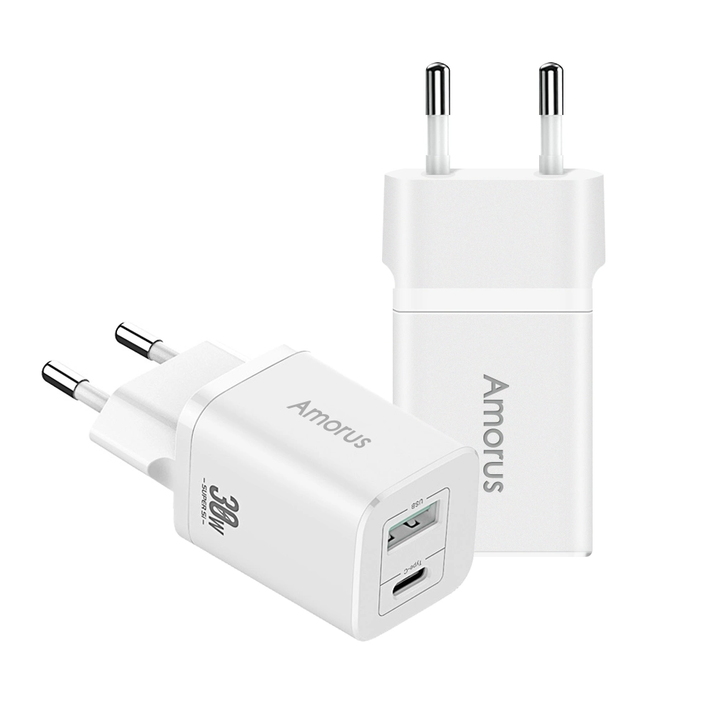 Amorus Super Si USB a+C Quick Charger Pd 30W + QC 18W Dual Ports EU Plug Wall Charger Power Adapter for iPhone 12-15 Series / Samsung / Huawei