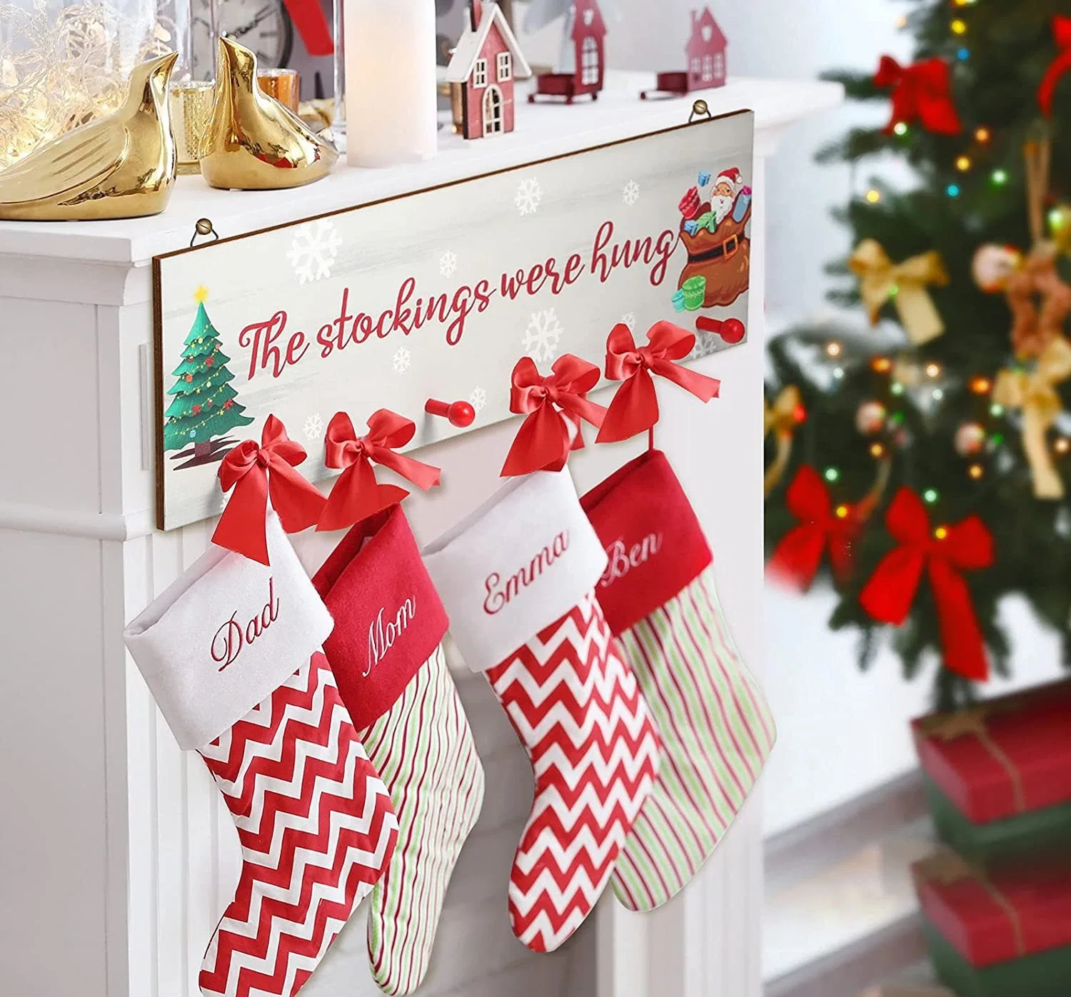 Christmas Stockings Holder Hanging Wooden Crafts Wall Indoor Outdoor Decoration with Hooks