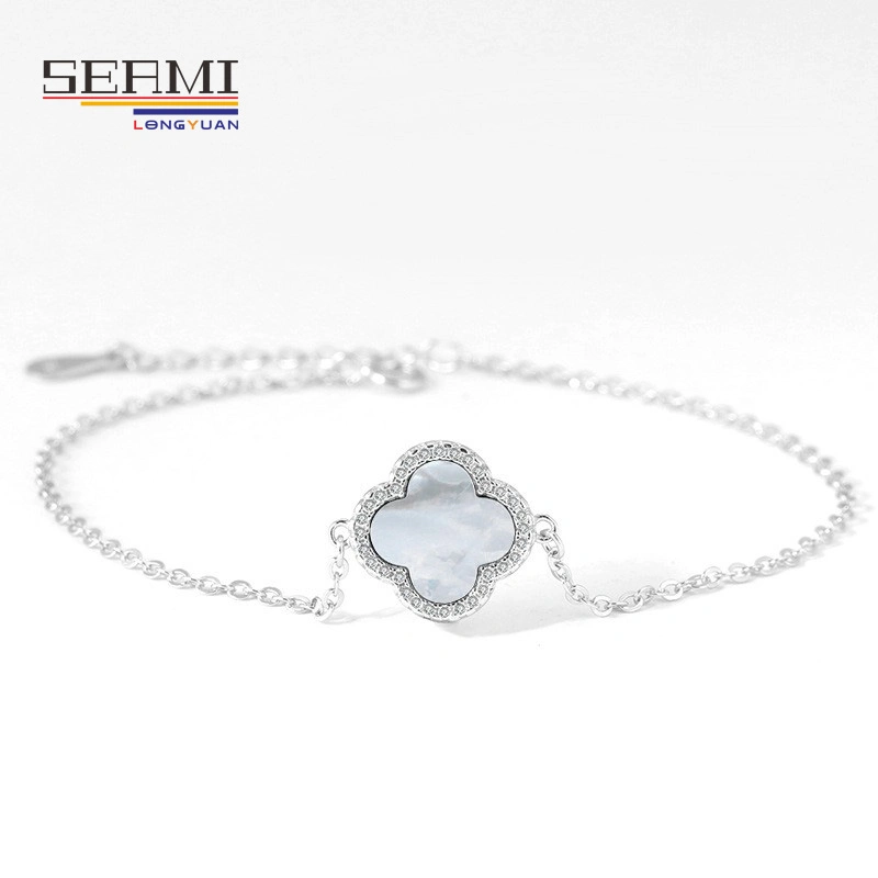 925 Sterling Silver Four Leaf Clover Agate Stone Zircon Simple Style Bracelet