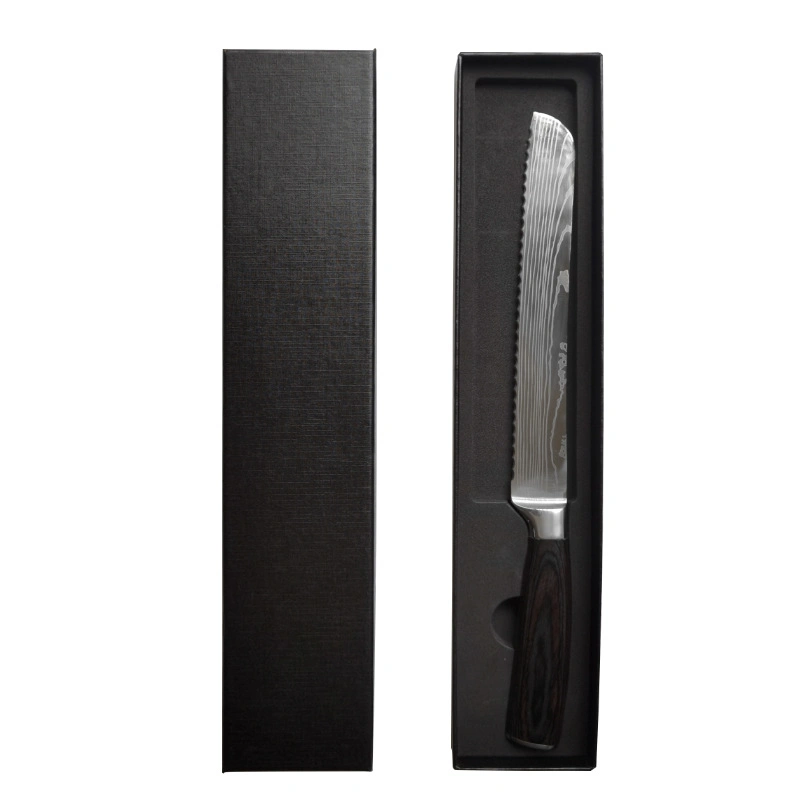 Acero inoxidable 3Cr13 Cocina de hornear Damasco cuchillo de pan de patrón láser