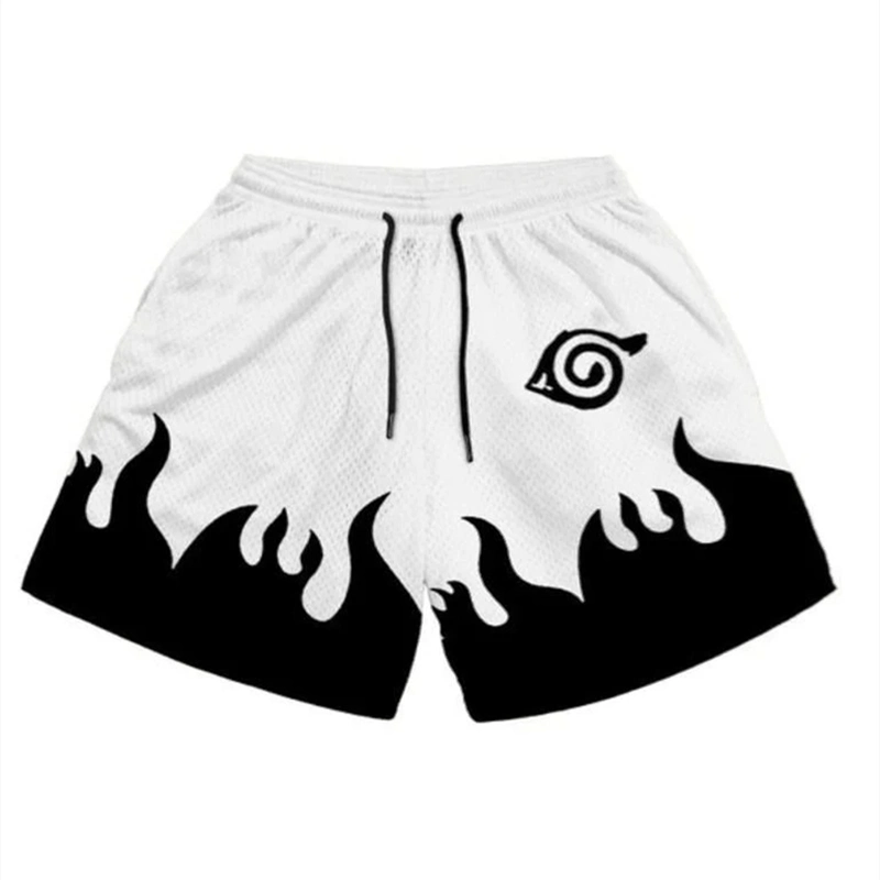 Hip Hop Workout Athletic Shorts Mesh Print Running Short Pants Water Breathing Naruto Konoha Luffy Ace Devil Fruit