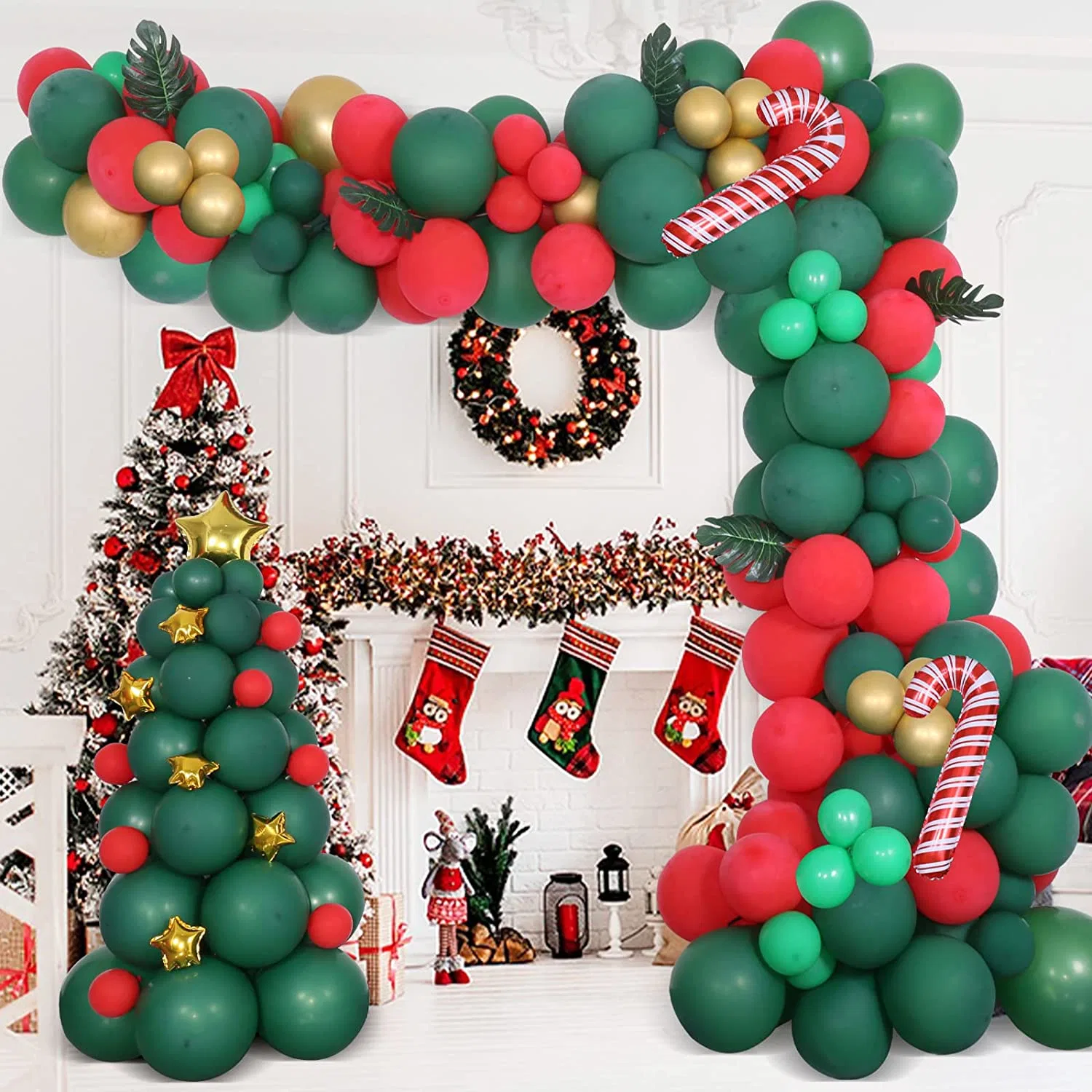 89PCS Red Green Christmas Balloon Garland Arch Kit, Latex Balloon with Metal Gold Balloon Star Candy Cane Foil Balloons for Christmas New Year Party Decorations