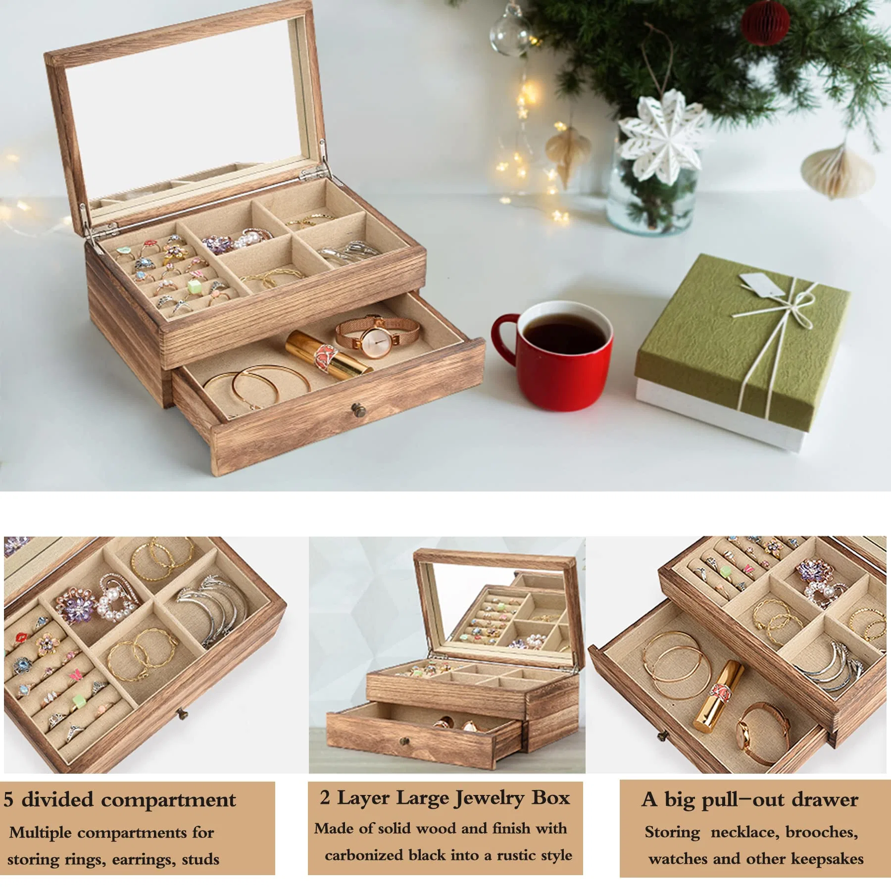 Jewelry Box Organizer Women 2 Layer Large Storage Case Wooden Jewelry Box