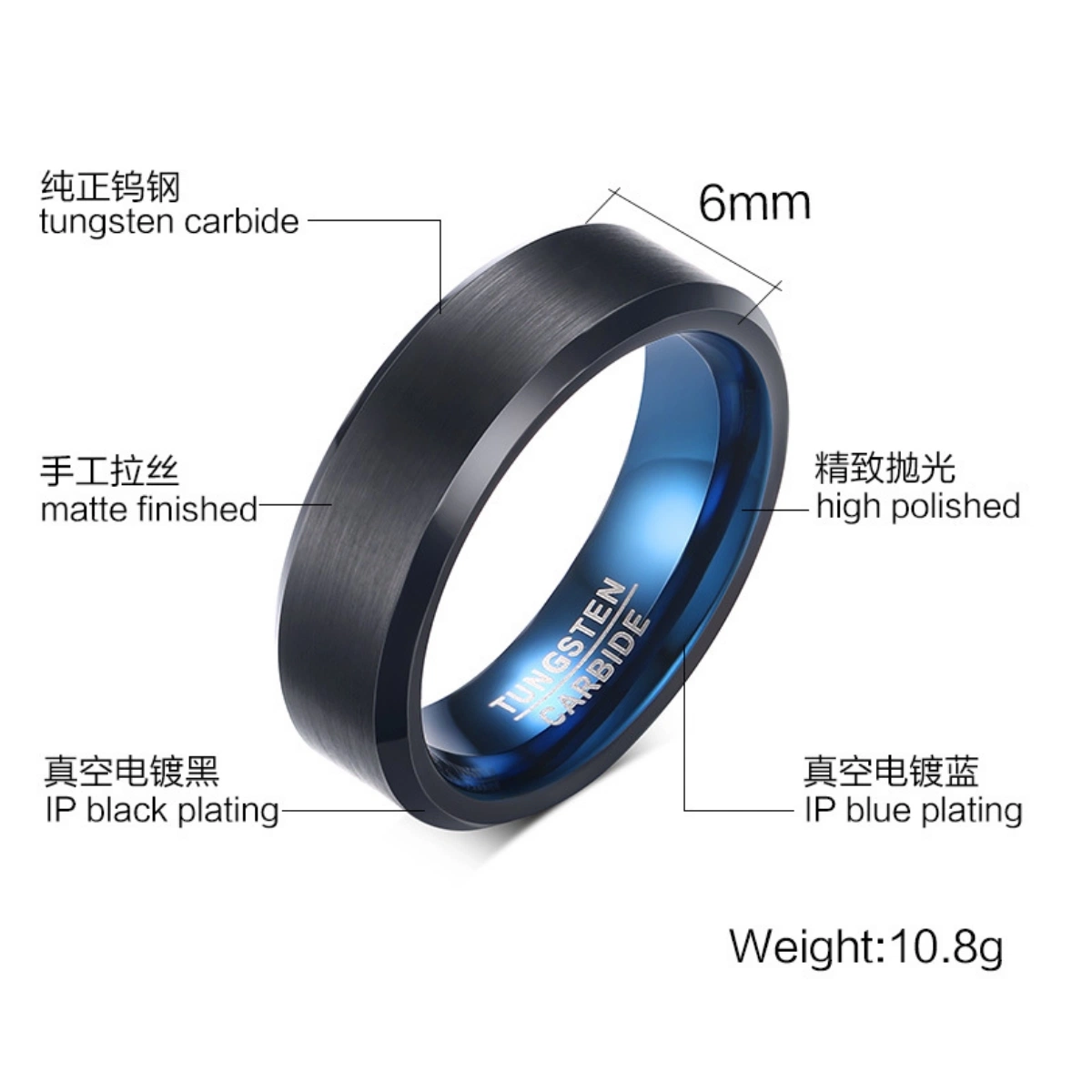 European and American Popular Jewelry Wholesale Men&prime; S Ring 6mm Inner Ring Blue-Plated Outer Ring Coated with Wolfram Steel Ring