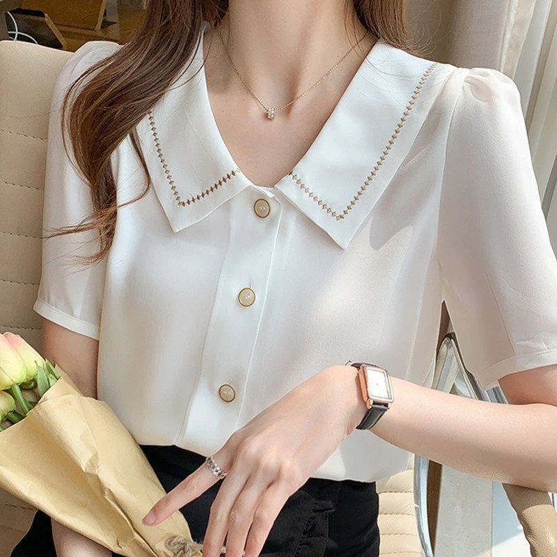 Blusas Blouses Femme Tops Women Turn Down Collar 2022 Summer White Blouse Short Sleeve Chiffon Blouse Shirt