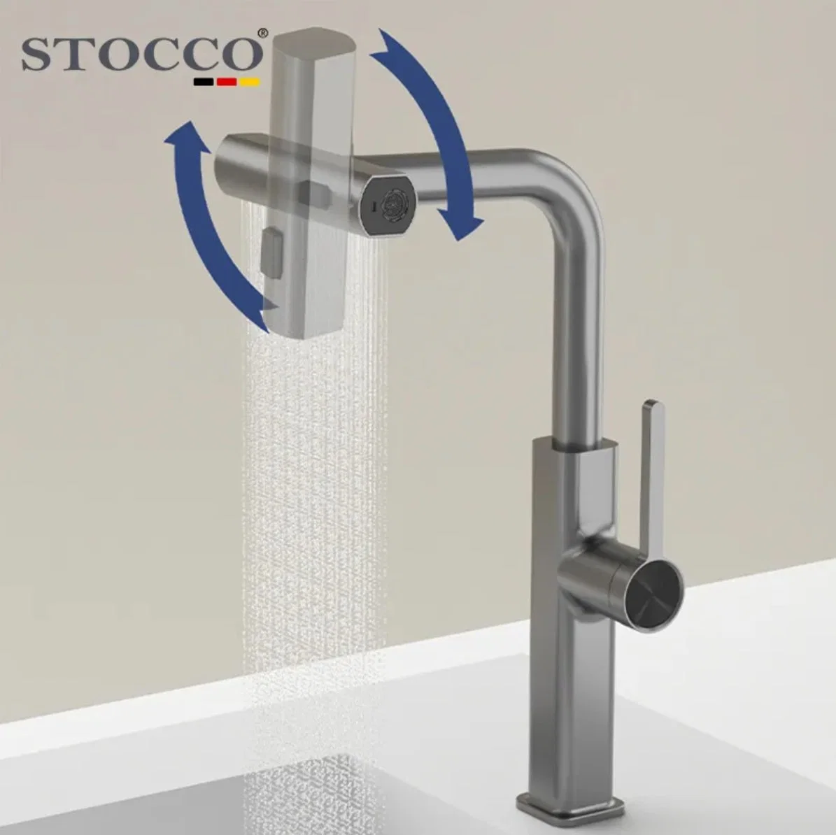 Stocco Unique Design Gun Cold Water Tap Single Hole Deck 3 Way Pull out Waterfall Kitchen Faucets