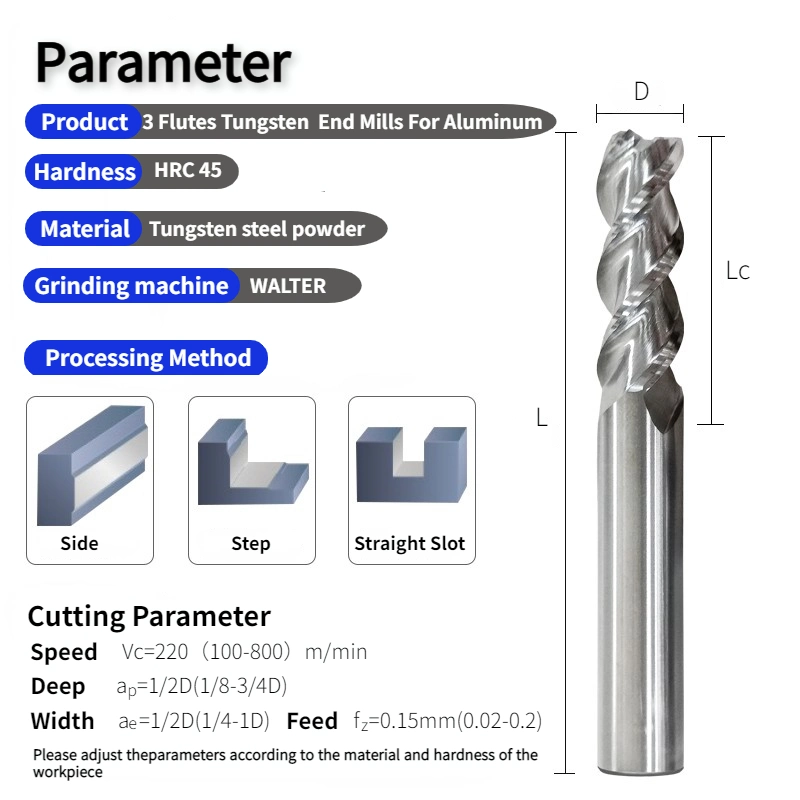 Outil de carbure de tungstène Double-Edge 3 dents en acier haute Helix HRC45 Outil de fraisage de carbure pour l'aluminium CNC fin de carbure de Mill dans les jours de livraison