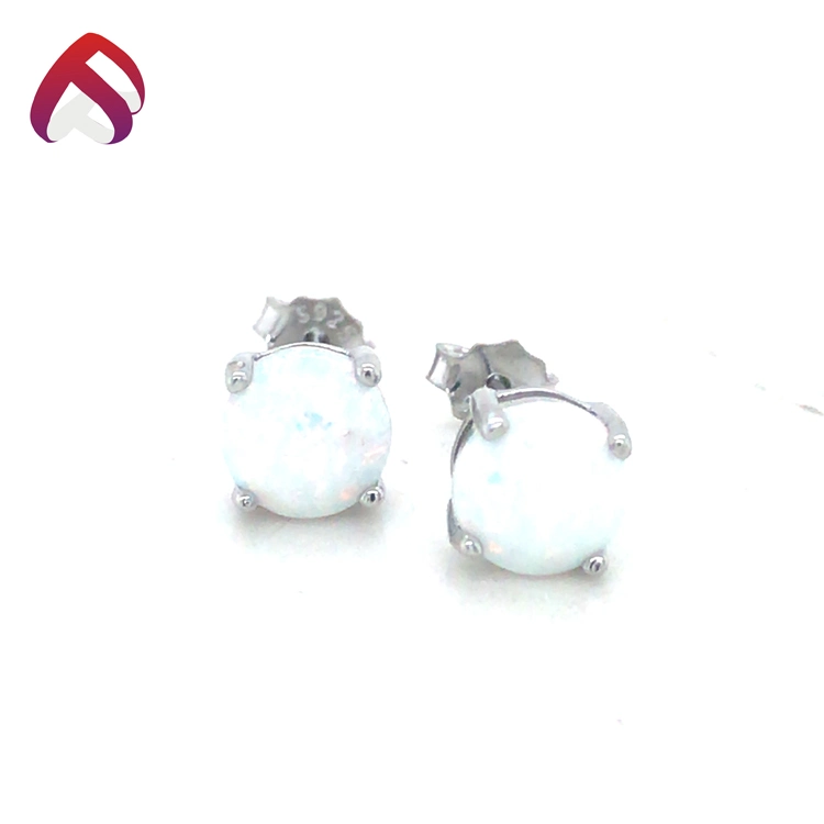 Prong Setting 925 Silver Colorful Round Opal Stud Earrings Fashion Jewelry for Women (ER88783)