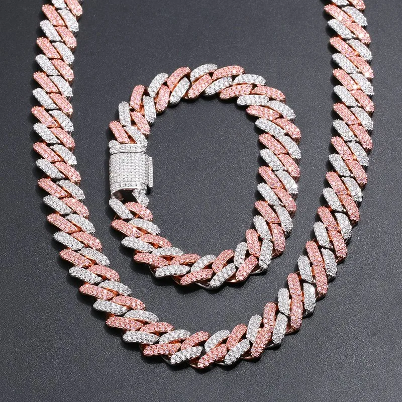 Chapado en oro de lujo en color rosa Cuban Link Iced fuera de la cadena de diamantes para mujer