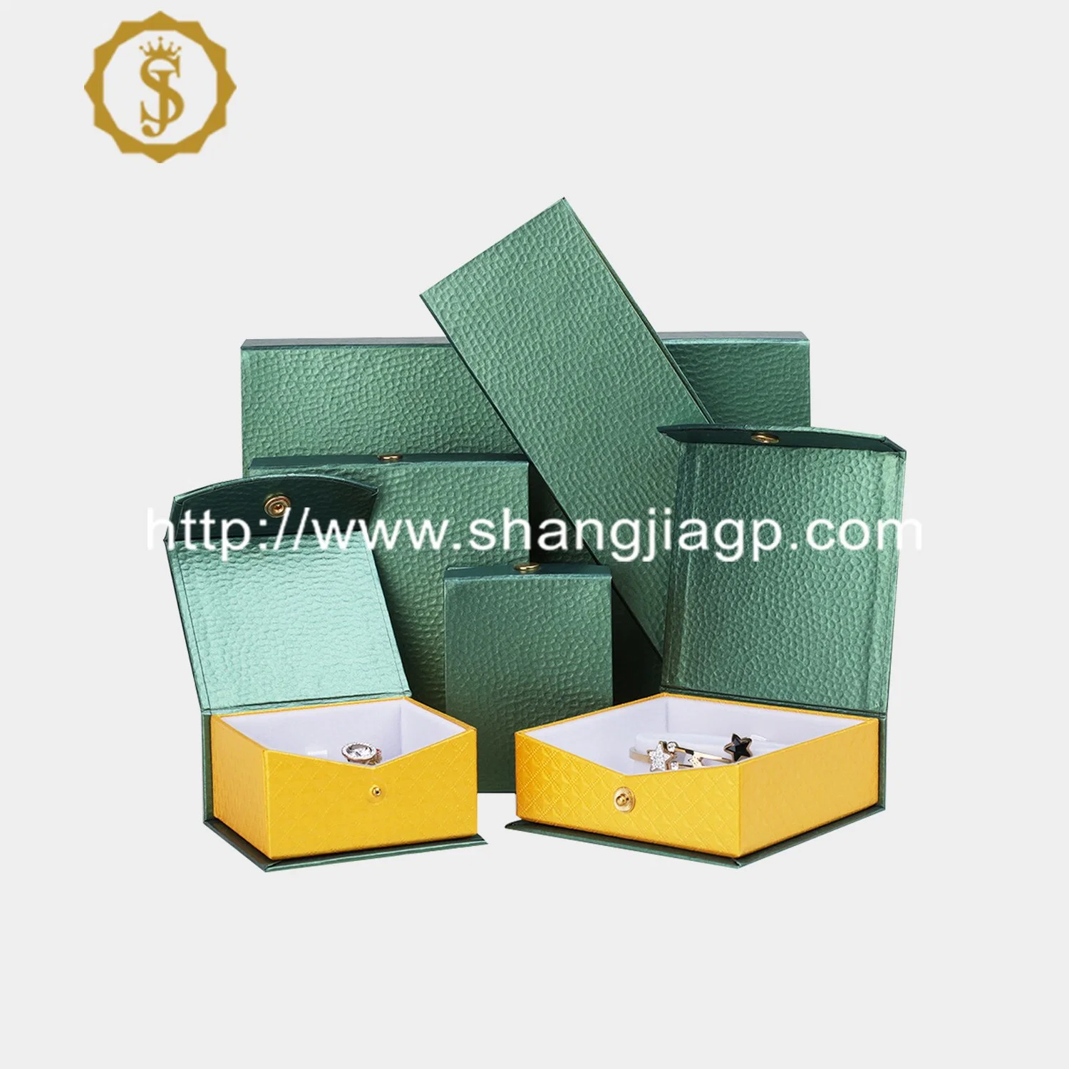 Green and Yellow Jewelry Gift Packaging Custom Logo Jewelry Ring Box Luxury Paper Cardboard Case with Button