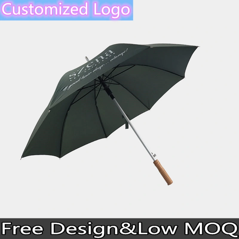 Custom Logo Women Light Weight Aluminium Wooden Handle Straight Umbrella