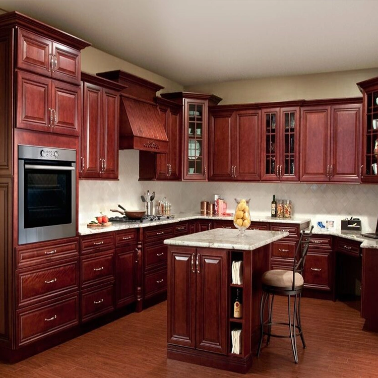 Custom European Style Red Cherry Solid Wood Cabinet Furniture Red Wood Kitchen Cabinets Set Designs with Island