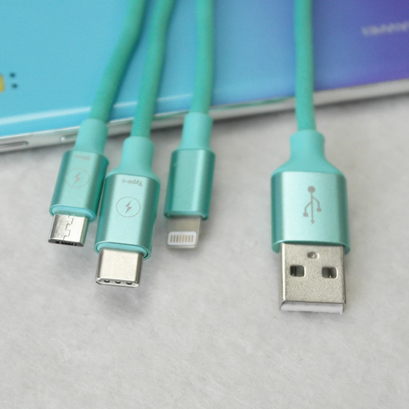 Пользовательский логотип нейлон черного цвета со сплетением 3 в 1 Функция быстрой зарядки через USB-кабель передачи данных 3в1 кабель USB для мобильных телефонов