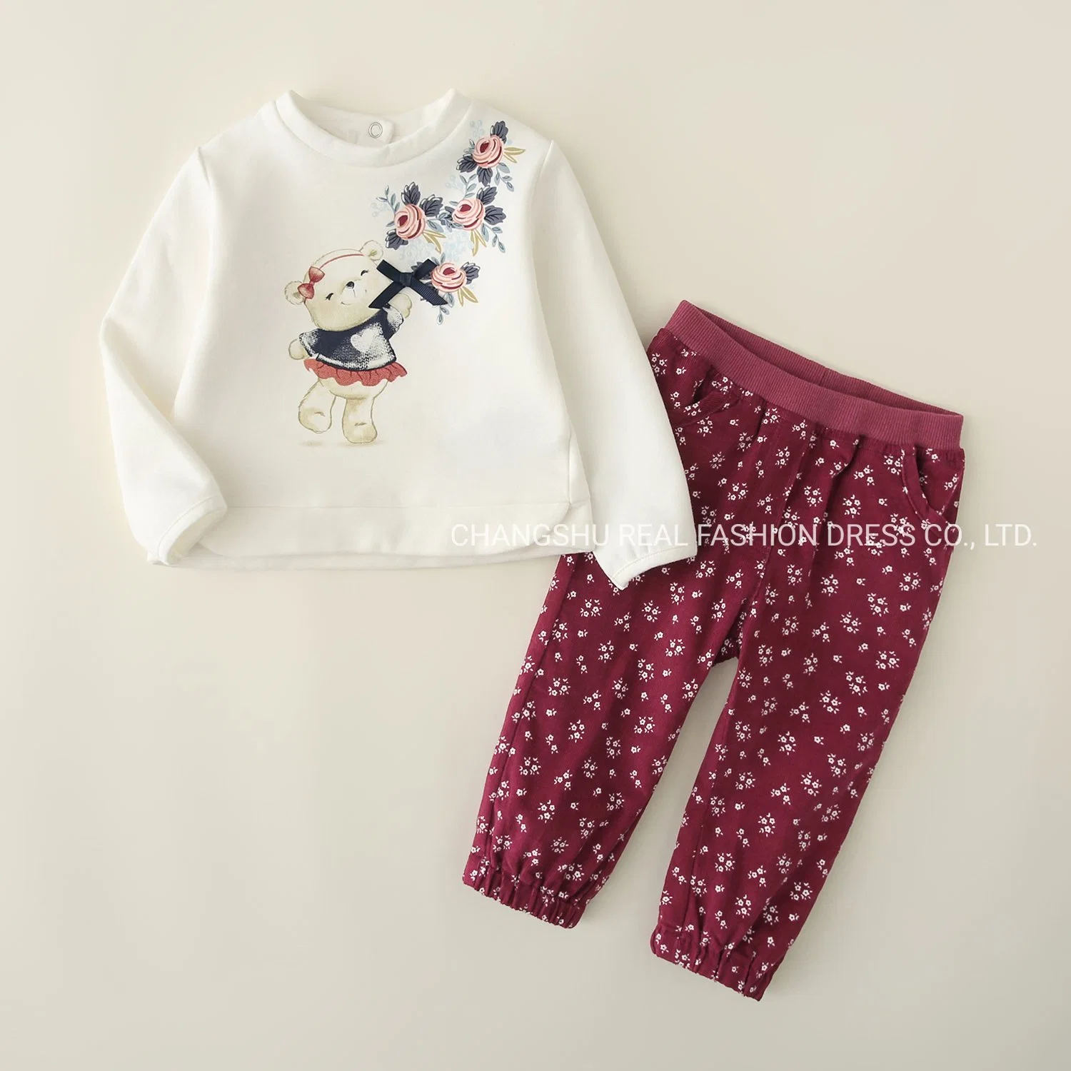 Girl Children Baby Kids 2022 White French Terry Top and Burgundy Print Corduroy Pant Suit Clothes