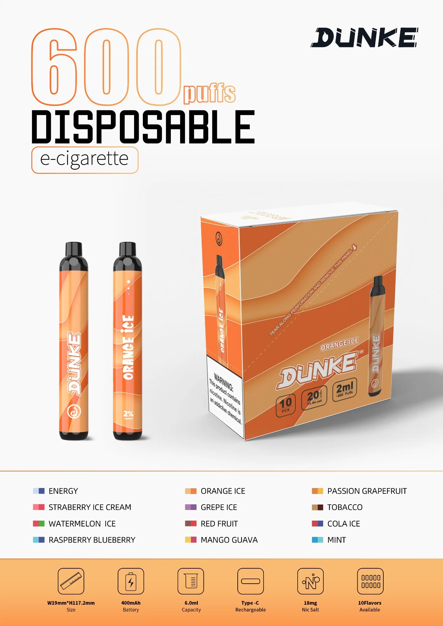 Dunke grossista de fábrica fumar Einweg-Vape Mini Vape descartáveis Kit Caneta 600 borlas para 2ml e cigarros Vaporizador Desechable vários e esprema Wape Vapotage Jetable