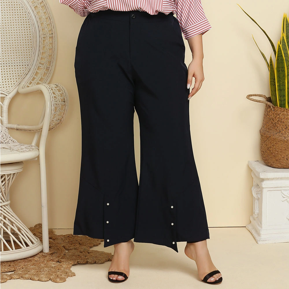 Plus Size Clothing Wide Leg Pants Semi Elastic Split Pearl Loose Trousers