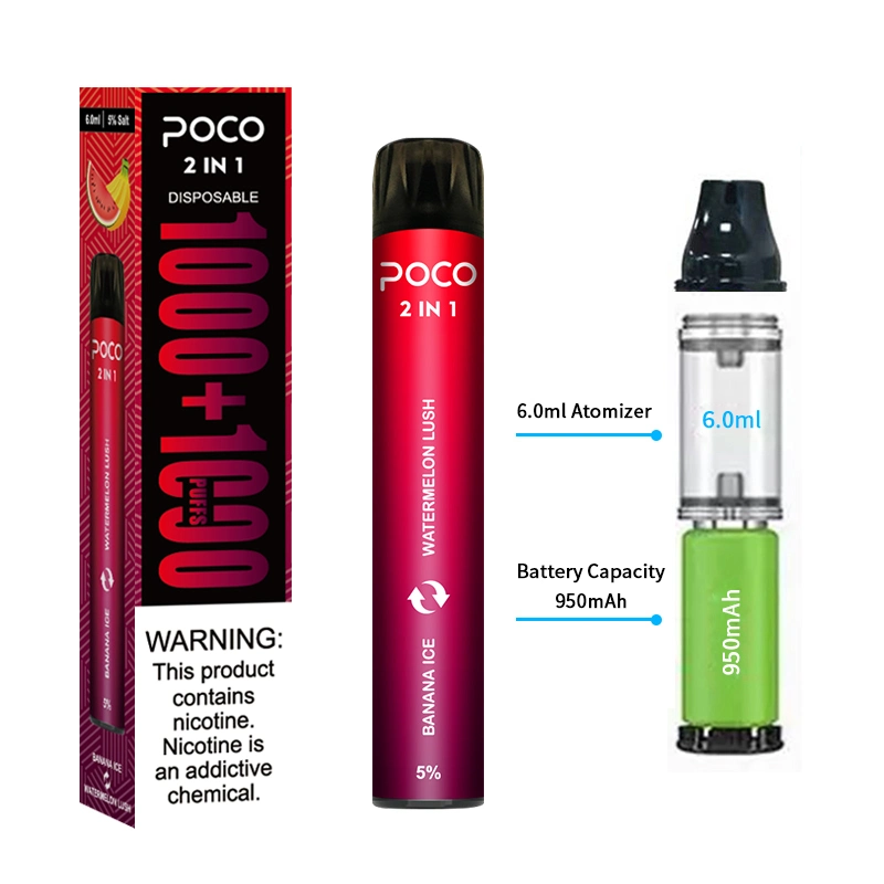 Dual Flavors 6ml Electronic Cigarette 2000 Puffs Vapes Kit Poco 2 in 1 Disposable/Chargeable Vape Pen with 5% Nicotine