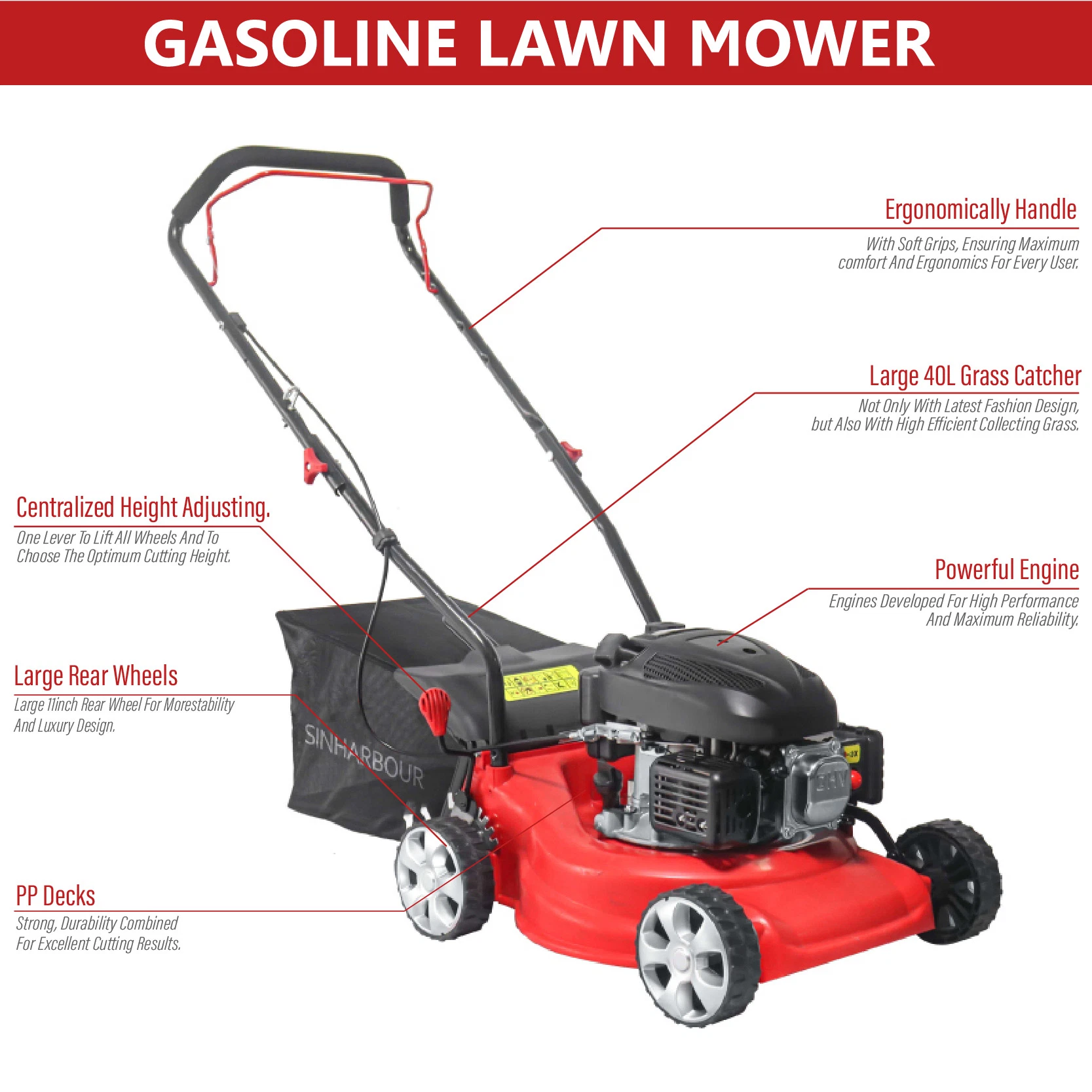 Landtop 16inch Hand Push Small Lawn Mower with Loncin Engine Grass Cutter Machine Gasoline