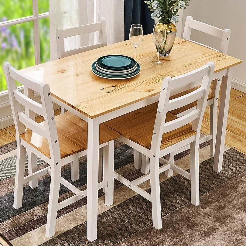 Dining room pine wood table set with 4 dining chairs