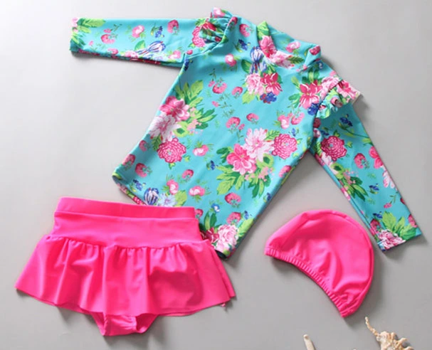 Toddler Baby Girls Floral 2-Piece Rash Guard Set Long Sleeves Sun Protection Swimwear Set