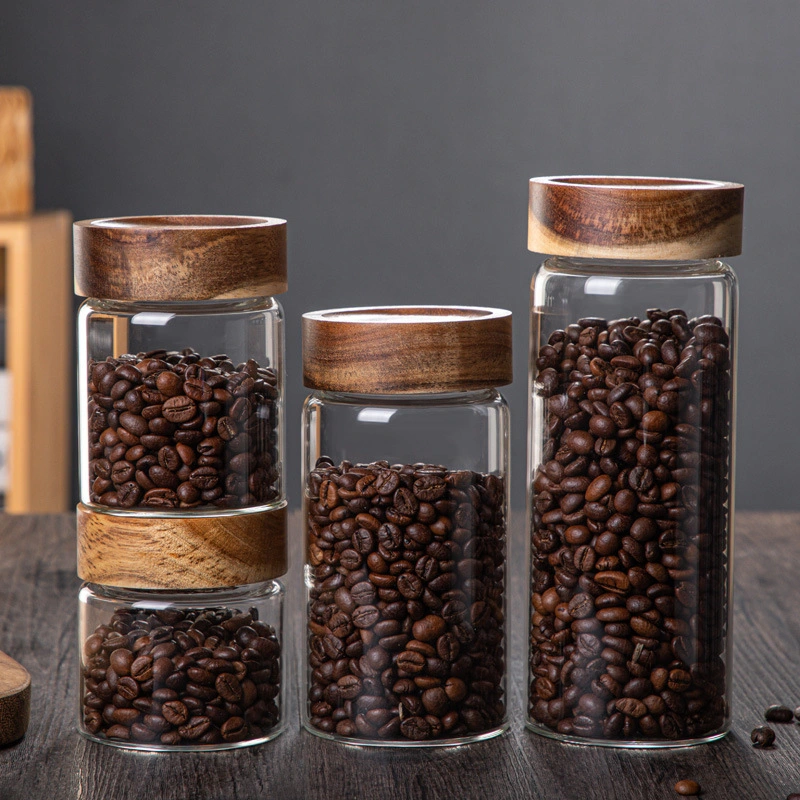 Kitchenware Round Acacia and Clear Sealed Multifunctional Spice Bean Glass Jar and Food Containers with Screw Wooden Lid