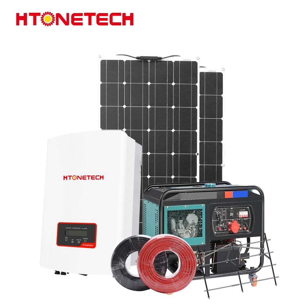 Htonetech 12V Monocrystalline Solar Panel Manufacturers Solar System 6kw Hybrid Inverter China 10000 Watts Solar Power System with 15 Kw 60Hz Diesel Generator