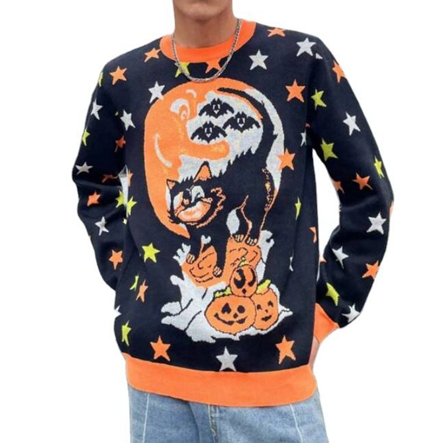 Camisola tricotada de alta qualidade com design de venda a quente e um jumper de Natal Knitwear Homens Halloween padrão contraste Trim Sweater