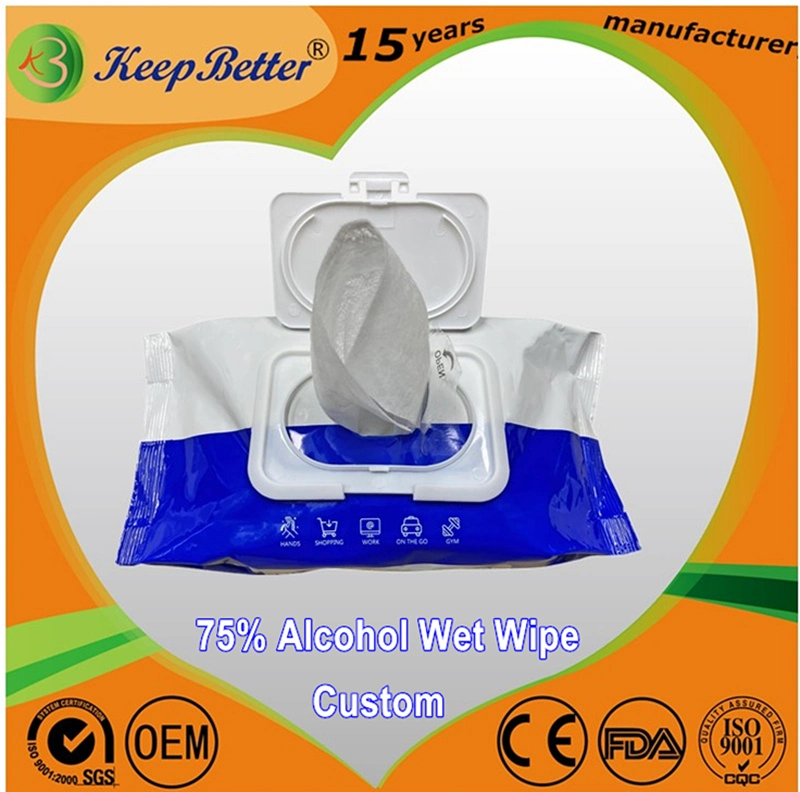 10pcs 40pcs 60pcs 80PCS 100 PCS/Bolsa 75% de alcohol las toallitas húmedas mayorista fabricante OEM