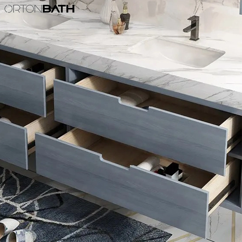 Ortonbath Modern Wall Undermount Ceramic Sink Marble Countertop Bathroom Wood Vanity Unit Cabinet Quartz Bathroom Furniture with LED Mirror Cabinet