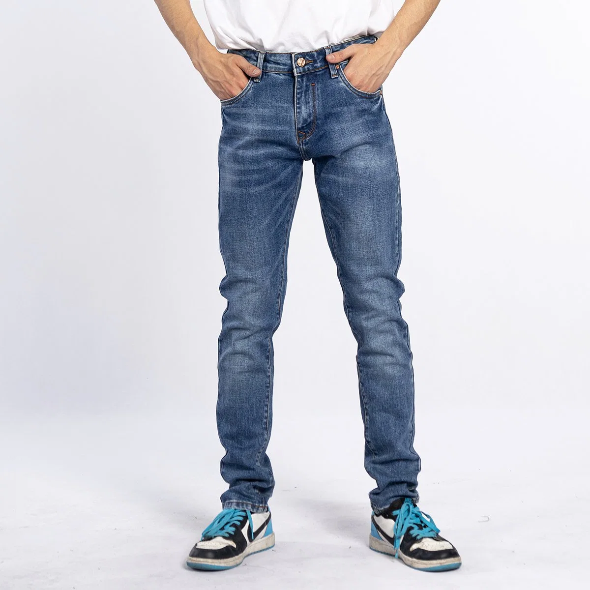 Custom American Style Medium Blue Washed Denim Stretch Men Casual Jeans