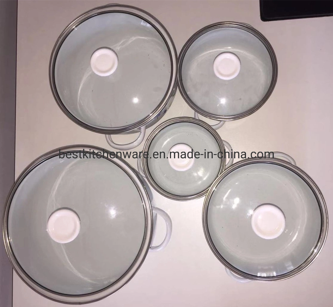 5PCS White Casserole Glass Cover Enamel Pot Lemon Flower Deco